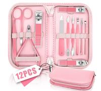 Set de Manucure 12 en 1, Kit De Pédicure Professionnel, Trousse Manucure Femme et Hommes, kits D'outils de Manucure et Pédicure, Outil de soin des Ongles avec cuir de Voyage Rose