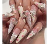 Set de manucure amande avec doux nude blanc français | Œuvre d'art 3D en dentelle de rose pour fêtes, rendez-vous, trajets, planification de voyage