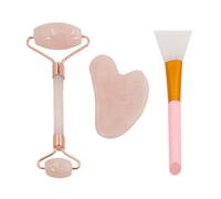 Intirilife Ensemble de 3 massage facial Gua Sha en rouleau facial en quartz rose - Gua Sha 8 x 5.4 cm - Rouleau 14 x 5.8 cm - Utilisable à chaud et à froid, soin de la peau pour le visage et les yeux