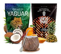 Set de maté stimulant avec une calebasse | Maté saveurs tropicales | Yaguar Coconut | Verde Mate Green Frutos Tropicales | Calebasse en céramique pour maté | Caféine Naturelle | 2 x 500 g