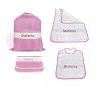 Set de maternelle 4 pièces personnalisé - coton fabriqué en Italie - sac, bavoir, serviette et sachet avec broderie, nom - Rose