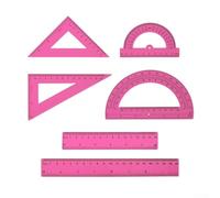 Set de mathématiques en plastique transparent avec 6 outils de géométrie : 2 rapporteurs (15,5 cm et 10 cm), 2 règles triangulaires (45° et 60°), 2 règles à double échelle (rose)