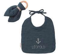 Set de naissance Bavoir et anneau de dentition Bleu pétrole (personnalisable)