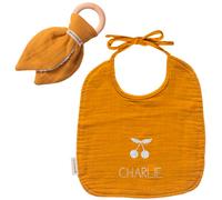 Set de naissance Bavoir et anneau de dentition Jaune moutarde (personnalisable)