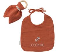 Set de naissance bavoir et anneau de dentition terracotta (personnalisable)