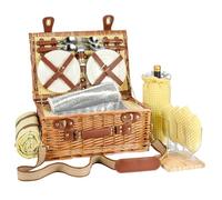 Set de Panier Pique-Nique en Osier pour 4 Personnes avec Compartiment Isotherme et Couverture Imperméable, Sangle Amovible, Sac à Vin, Couverts, pour Camping, Plage, Randonnée,Couple,Cadeau (Jaune)