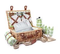 Set de Panier Pique-Nique en Osier pour 4 Personnes avec Compartiment Isotherme et Couverture Imperméable, Sangle Amovible, Sac à Vin, Couverts, pour Camping, Plage, Randonnée,Couple,Cadeau (Vert)