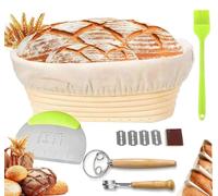 Set de paniers de fermentation ovale,(ø25cm),9 PCS Banneton Proof Basket Set,en paniers à pain au levain de style français,100% rotin naturel,avec racloir à pâte,linge en lin& couteau de boulanger,Idé