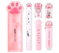 Set de Papeterie de Chat Mignon, Ensemble de papeterie, Cat fournitures scolaires, Étui à stylos règle ruban correcteur point de colle gomme taille-crayon Convient aux écoles, aux bureaux, etc