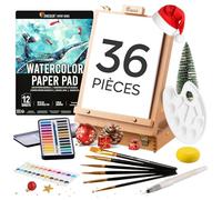 Set de Peinture Aquarelle 36 Pièces - Cadeau Kit d' Aquarelle pour débuter - Boite 2-en-1 Rangement et Chevalet, Palette Aquarelle en Godet 24 couleurs, 6 Pinceaux, 1 Pad (12 feuilles) et Accessoires
