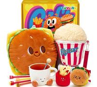 Set de Peluches Burger Cadeau Enfant 5-9 Ans avec Oreiller Burger, Sac Bandoulière Popcorn, Porte-clés, Tasse à Café, Set de Peluches Aliments, Jouet Créatifs pour Anniversaire Noël Filles Garçons