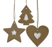 Set de pendentifs de Noël en papier - sapin, étoile, cœur, paillettes - 36 pièces, 7cm, en brun et blanc