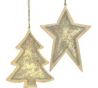 Set de pendentifs de Noël "Sapin & étoile" en or look antique, décoration d'arbre de Noël avec ruban de jute, 4 pièces H15,5/17cm