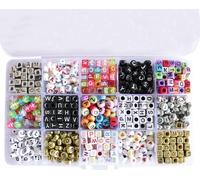 Set de perles Boîte - 6 mm perles lettres mélange carré rond en acrylique 15 sortes, environ 1100 pièces, 20 x 15 x 3 cm