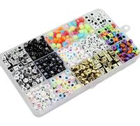 Set de perles en boîte - 6 mm perles de lettres mélange carré rond en acrylique, environ 1100 pièces, 20 x 15 x 3 cm