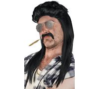 SET de : Perruque Vokuhila + Barbe + Chaîne d'Or + Lunettes d'Aviateur Argent - Perruque Vokuhila Proll Pimp Blond Brune Gris Noir 80's 90's (Noir + Barbe + Chaîne d'Or + Lunettes d'Aviateur)