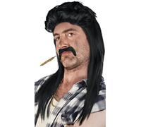SET de : Perruque Vokuhila + Barbe + Chaîne d'Or - Perruque Rock Proll Perruque Proll Blonde Brune Grise Noire 80 Années 90 (Noir + Barbe + Chaîne d'Or)