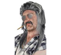 SET de : Perruque Vokuila + Barbe + Chaîne d'Or + Lunettes d'Aviateur Argent - Perruque Proll Blonde Brune Grise Noire 80 Années 90 (Gris/Noir + Barbe + Chaîne d'Or + Lunettes d'Aviateur)