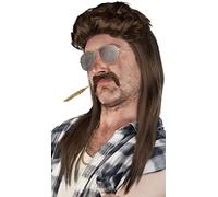 SET de : Perruque Vokuila + Barbe + Chaîne d'Or + Lunettes d'Aviateur Argent - Perruque Vokuhila Proll Pimp Blonde Brune Grise Noire 80's 90's (Brun + Barbe + Chaîne d'Or + Lunettes d'Aviateur)