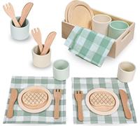 Set de pique-nique en bois pour enfants avec tasses, assiettes et couverts