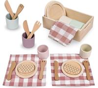 Set de pique-nique en bois pour enfants avec vaisselle et couvertures à carreaux rouges