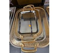 Set de Plateaux de Service Dorés & Argentés - 3 Pièces Rectangulaires Métal avec Motifs Orientaux - Plateaux avec Poignées pour Thé, Apéritif, Déco