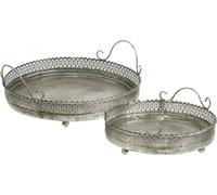 Set de plateaux vintage argentés, plateau décoratif rond, plateau à bougies look antique, métal oriental, 2 tailles