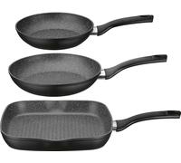 GSW Lot de 3 poêles Gourmet Granit - Set de poêles haut de gamme composé de 2 poêles et 1 poêle grill compatible induction - revêtement antiadhésif - aluminium