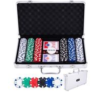 Engelhart - 320910 - Set de Poker Complet - Malette en Metal Argent - 300 jetons 11,5g sans numéro + 2 Jeux de Cartes, 3 Boutons de Croupier, 5 dés - Coffret de Jeu de Poker