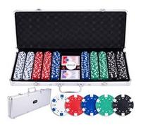 Engelhart - 320915 - Set de Poker - Malette en Metal argentée - 500 jetons 11,5g sans numéro + 2 Jeux de Cartes, 1 Bouton de Croupier, 5 dés - Coffret de Jeu de Poker et Accessoires