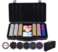 Engelhart - 320951 - Set Poker Complet - Mallette en métal Noire - 300 jetons 14g numérotés (1 à 500) + 2 Jeux de Cartes, 1 Bouton de Croupier, 5 dés - Coffret de Jeu de Poker et Accessoires