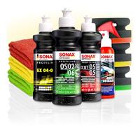 Set de polissage automobile | Sonax Profiline ExCut 05-05 contre les rayures profondes + EX 04-06 Polissage haute brillance + OS 02-06 Polissage de finition + Quick Detailer + 3 x tampon de polissage
