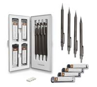 Set de porte-mines MozArt avec étui - 4 tailles : 0.3, 0.5, 0.7 & 0.9mm avec 30 mines HB chacune et 4 gommes - Esquisse, architecture, dessin, porte-mine en métal