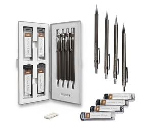 Set de porte-mines MozArt avec étui - 4 tailles : 0.3, 0.5, 0.7 & 0.9mm avec 30 mines HB chacune et 4 gommes - Esquisse, architecture, dessin, porte-mine en métal