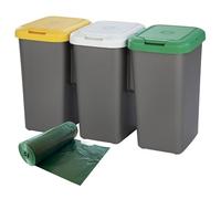 Set de poubelle de recyclage avec 3 compartiments, 75 litres au total, dimensions 79 x 33 x 48 cm, plus rouleau de sacs poubelle adaptés à chaque réservoir