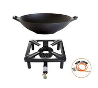 Set de réchaud à tabouret (grand) avec wok en fonte Ø 37 cm, tuyau de gaz et régulateur inclus