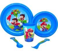 Set de repas pour enfants 5 pièces en plastique réutilisable sans BPA : assiette, bol, verre et couverts, passe au micro-ondes, différents personnages (Super Mario)