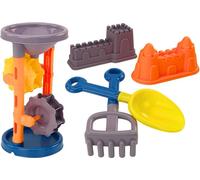 Set de sable, moulin, spatule, râteau, moules, orange