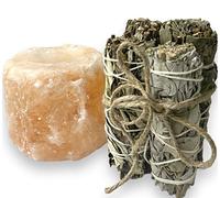 Set de sahumeries de sauge 10 à 12 cm + brûleur à sel de l'Himalaya + 4 attaches de sauge blanche, sauge avec laurier, sauge au romarin, sauge et herbe sainte