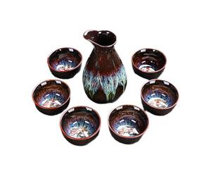 Set de saké en poterie， Ensemble de 7 tasses à saké en céramique faites à la main avec fond de poisson rouge 3D, ensemble de tasses à saké rétro traditionnelles en céramique avec 6 tasses à saké, 1 po