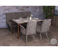 Set de salle à manger HWC-G55, set de 2 chaises avec accoudoirs+banc 160cm, inox brossé tissu/textile chenille ~ gris foncé
