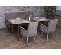 Set de salle à manger HWC-G55, set de 2 chaises avec accoudoirs+banc 180cm, inox brossé tissu/textile chenille ~ gris foncé