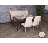 Set de salle à manger HWC-G55, set de 2 chaises + banc 160cm, inox brossé tissu/textile chenille ~ crème