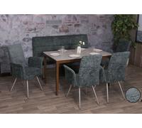 Set de salle à manger HWC-G55, set de 4 chaises avec accoudoirs+banc 160cm, inox brossé tissu/textile chenille bleu-vert