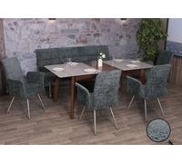 Set De Salle À Manger Hwc-G55, Set De 4 Chaises Avec Accoudoirs+Banc 180cm, Inox Brossé Tissu/Textile Chenille Bleu-Vert Bleu