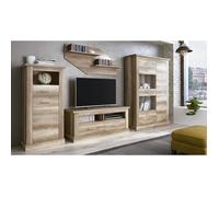 Set de salon, meuble TV + 2 étagères murales + vitrine + bahut coloris chêne vieilli