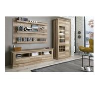 Set de salon, meuble TV + 3 étagères murales + vitrine coloris chêne vieilli