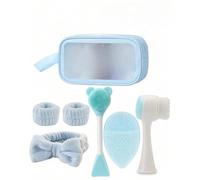 Set de Soin Visage 7 Pièces pour Femmes - Trousse de Toilette Inclus avec Bandeau à Noeud Papillon, Bandeau de Lavage pour Poignet, Brossette Nettoyante Double Face et Exfoliant en Silicone#Bleu