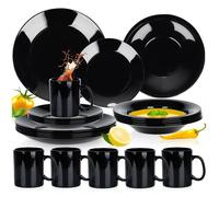 Set de table 24 pièces - Vaisselle en verre opale - 6 mugs, 6 assiettes creuses, 6 assiettes à dessert - Noir