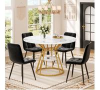 Set de table (5 pièces) - table à manger ronde + 4 chaises,chaise en velours - table à manger avec plateau en marbre,chaise noire